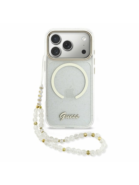 Guess Guess IML Glitter Script Strap MagSafe Zadný kryt pre iPhone 17 Pro Transparent