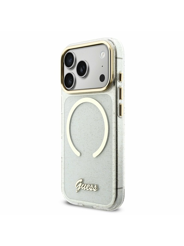 Guess Guess IML Glitter Script Strap MagSafe Zadný kryt pre iPhone 17 Pro Transparent