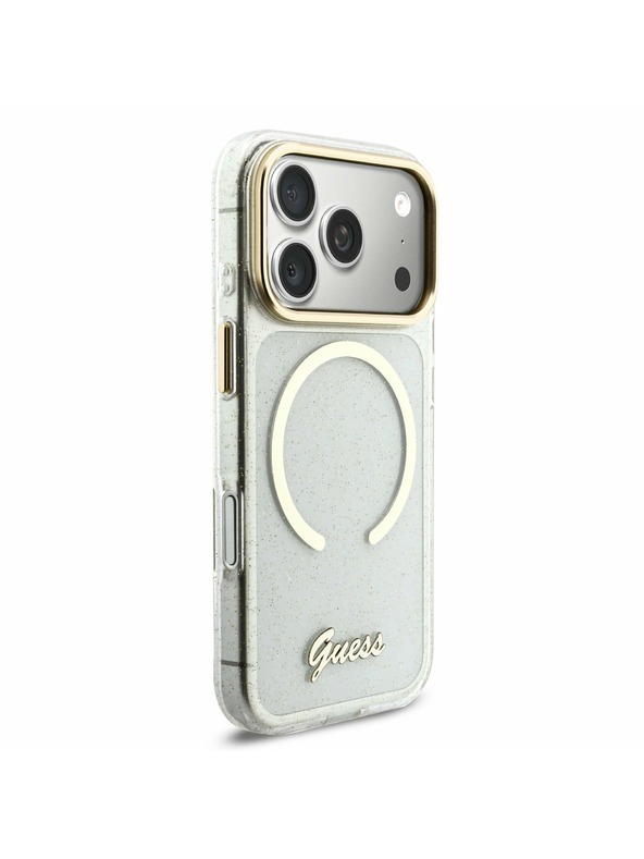 Guess Guess IML Glitter Script Strap MagSafe Zadný kryt pre iPhone 17 Pro Transparent