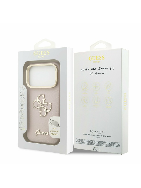 Guess Guess PU Grained 4G Logo Stand Camera Frame Zadný kryt pre iPhone 17 Pro Pink