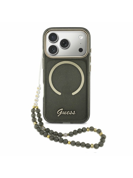Guess Guess IML Glitter Script Strap MagSafe Zadný kryt pre iPhone 17 Pro Black