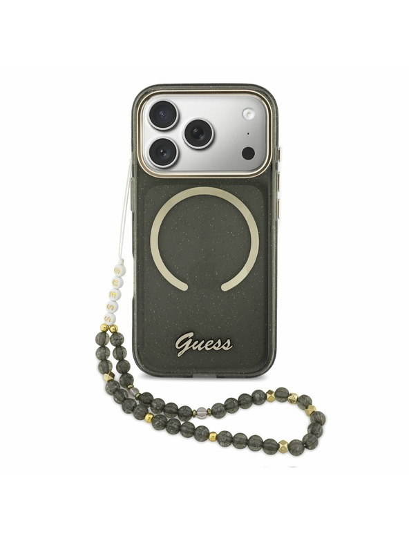 Guess Guess IML Glitter Script Strap MagSafe Zadný kryt pre iPhone 17 Pro Black