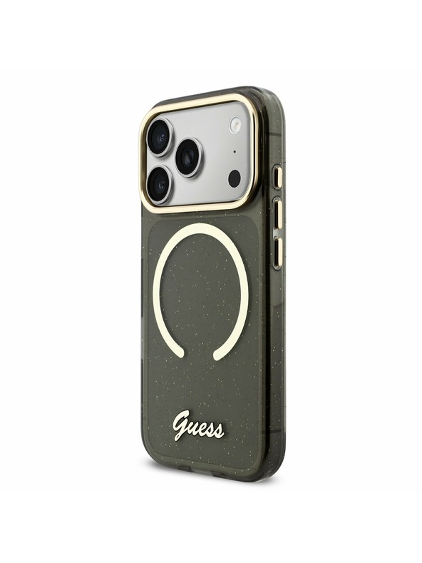 Guess Guess IML Glitter Script Strap MagSafe Zadný kryt pre iPhone 17 Pro Black