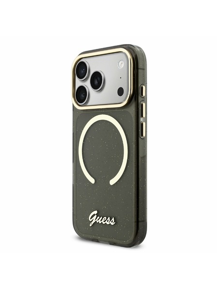Guess Guess IML Glitter Script Strap MagSafe Zadný kryt pre iPhone 17 Pro Black