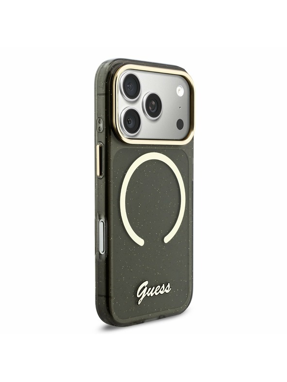 Guess Guess IML Glitter Script Strap MagSafe Zadný kryt pre iPhone 17 Pro Black