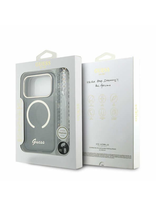 Guess Guess IML Glitter Script Strap MagSafe Zadný kryt pre iPhone 17 Pro Black