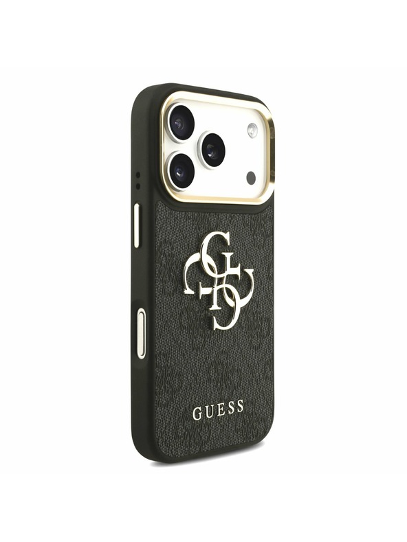 Guess Guess PU Leather 4G Metal Logo Gold Frame Zadný kryt pre iPhone 17 Pro Black