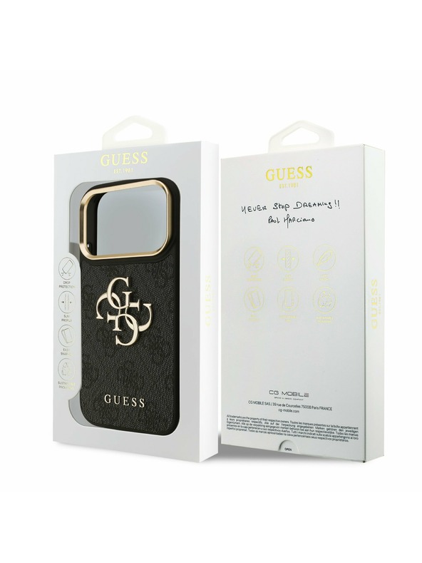 Guess Guess PU Leather 4G Metal Logo Gold Frame Zadný kryt pre iPhone 17 Pro Black