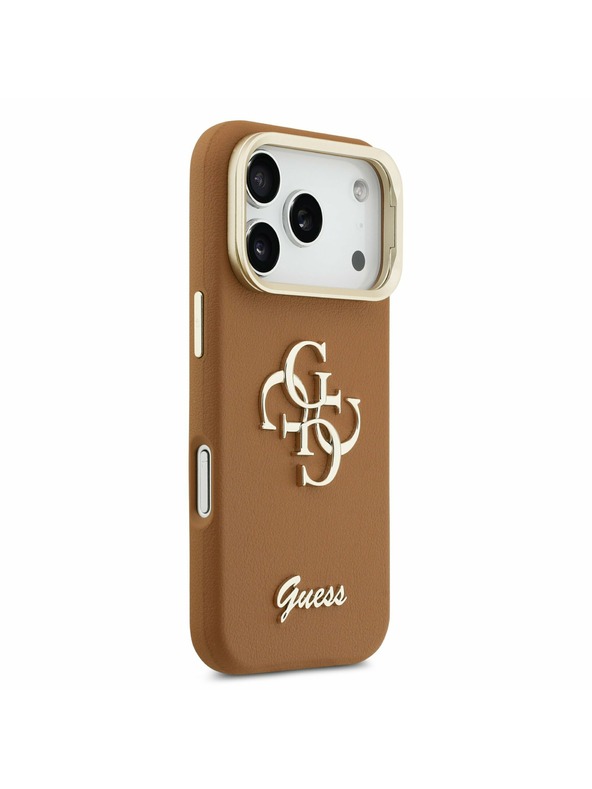 Guess Guess PU Grained 4G Logo Stand Camera Frame Zadný kryt pre iPhone 17 Pro Brown