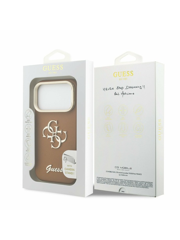 Guess Guess PU Grained 4G Logo Stand Camera Frame Zadný kryt pre iPhone 17 Pro Brown