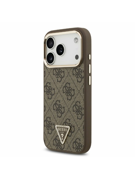 Guess Guess PU Leather 4G Strass Triangle Logo Gold Frame MagSafe Zadný kryt pre iPhone 17 Pro Brown