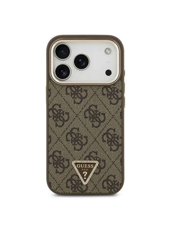 Guess Guess PU Leather 4G Strass Triangle Logo Gold Frame MagSafe Zadný kryt pre iPhone 17 Pro Brown