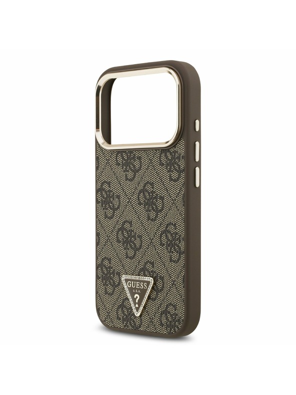 Guess Guess PU Leather 4G Strass Triangle Logo Gold Frame MagSafe Zadný kryt pre iPhone 17 Pro Brown