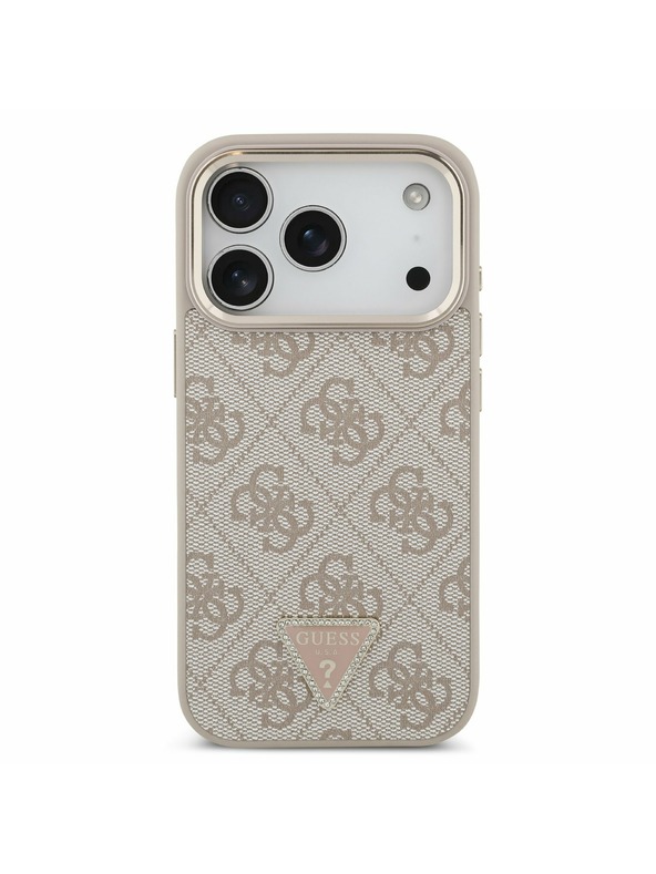 Guess Guess PU Leather 4G Strass Triangle Logo Gold Frame MagSafe Zadný kryt pre iPhone 17 Pro Pink