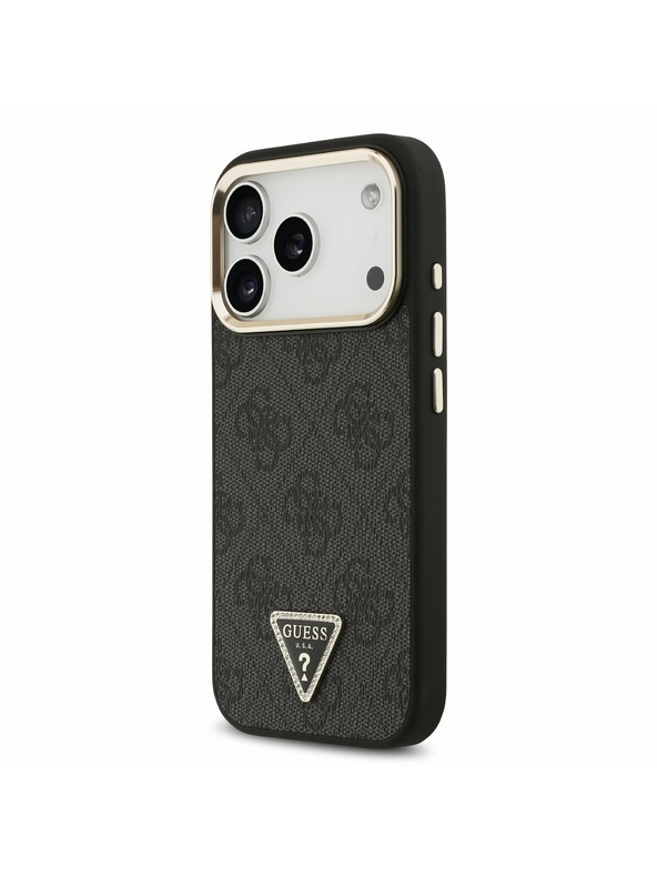 Guess Guess PU Leather 4G Strass Triangle Logo Gold Frame MagSafe Zadný kryt pre iPhone 17 Pro Black