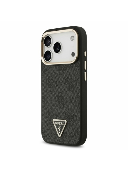 Guess Guess PU Leather 4G Strass Triangle Logo Gold Frame MagSafe Zadný kryt pre iPhone 17 Pro Black
