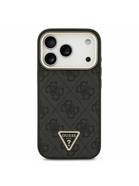 Guess Guess PU Leather 4G Strass Triangle Logo Gold Frame MagSafe Zadný kryt pre iPhone 17 Pro Black