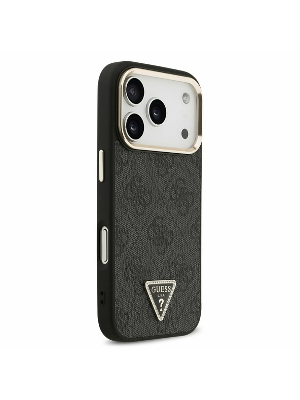 Guess Guess PU Leather 4G Strass Triangle Logo Gold Frame MagSafe Zadný kryt pre iPhone 17 Pro Black