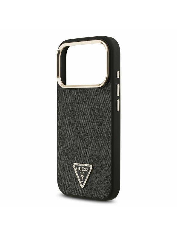 Guess Guess PU Leather 4G Strass Triangle Logo Gold Frame MagSafe Zadný kryt pre iPhone 17 Pro Black
