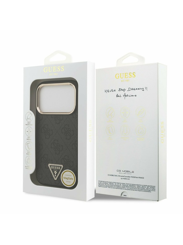Guess Guess PU Leather 4G Strass Triangle Logo Gold Frame MagSafe Zadný kryt pre iPhone 17 Pro Black