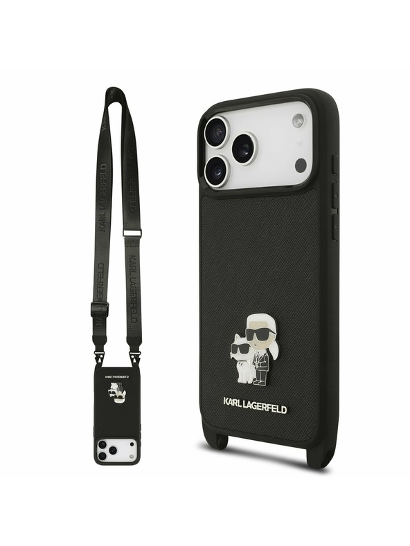 Karl Lagerfeld Karl Lagerfeld Saffiano Crossbody Popruh Metal Karl and Choupette Zadný kryt pre iPhone 17 Pro Black