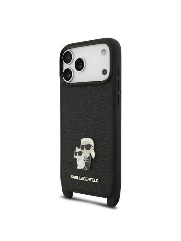 Karl Lagerfeld Karl Lagerfeld Saffiano Crossbody Popruh Metal Karl and Choupette Zadný kryt pre iPhone 17 Pro Black