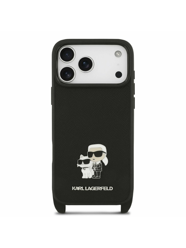 Karl Lagerfeld Karl Lagerfeld Saffiano Crossbody Popruh Metal Karl and Choupette Zadný kryt pre iPhone 17 Pro Black