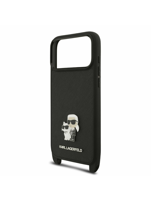 Karl Lagerfeld Karl Lagerfeld Saffiano Crossbody Popruh Metal Karl and Choupette Zadný kryt pre iPhone 17 Pro Black