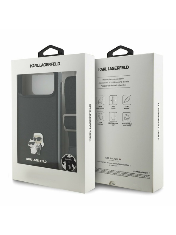 Karl Lagerfeld Karl Lagerfeld Saffiano Crossbody Popruh Metal Karl and Choupette Zadný kryt pre iPhone 17 Pro Black