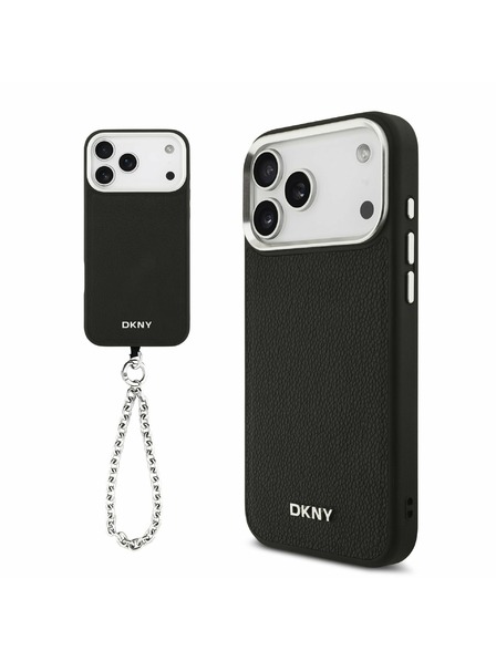 DKNY DKNY PU Leather Metal Logo Wrist Chain MagSafe Zadný Kryt pre iPhone 17 Pro Max Black