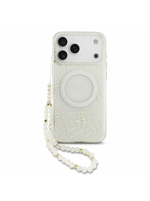 Guess Guess IML Flowers Allover Strap MagSafe Zadný Kryt pre iPhone 17 Pro Max White