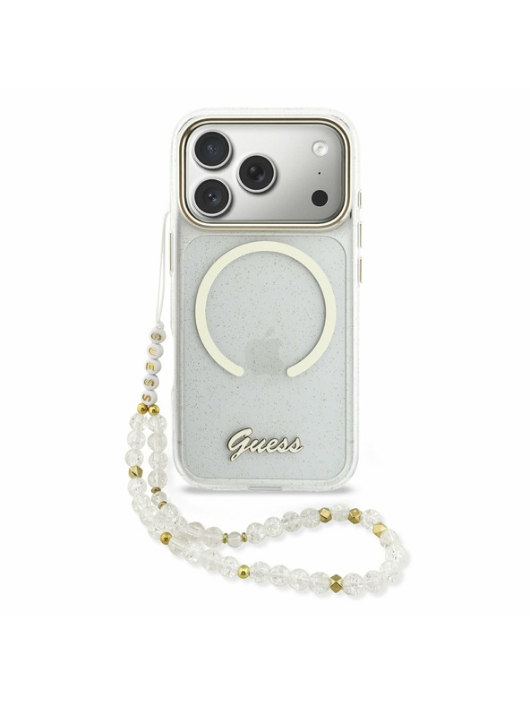 Guess Guess IML Glitter Script Strap MagSafe Zadný Kryt pre iPhone 17 Pro Max Transparent