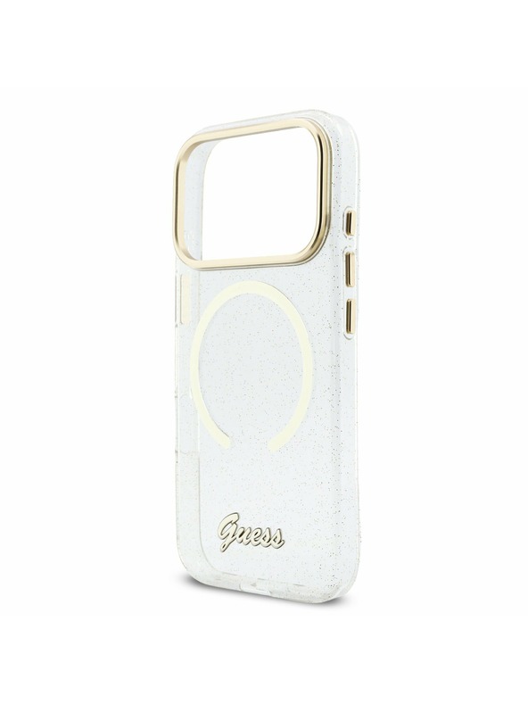 Guess Guess IML Glitter Script Strap MagSafe Zadný Kryt pre iPhone 17 Pro Max Transparent