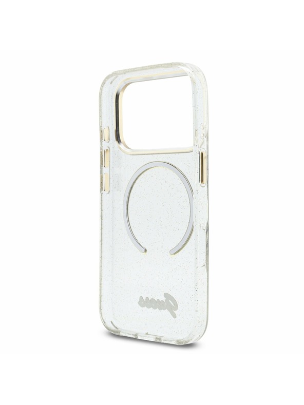 Guess Guess IML Glitter Script Strap MagSafe Zadný Kryt pre iPhone 17 Pro Max Transparent