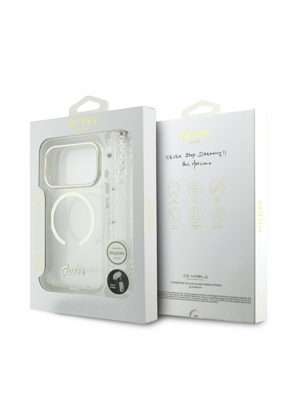Guess Guess IML Glitter Script Strap MagSafe Zadný Kryt pre iPhone 17 Pro Max Transparent