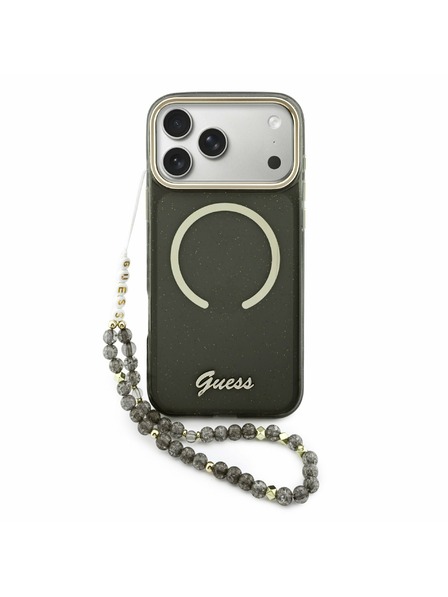 Guess Guess IML Glitter Script Strap MagSafe Zadný Kryt pre iPhone 17 Pro Max Black