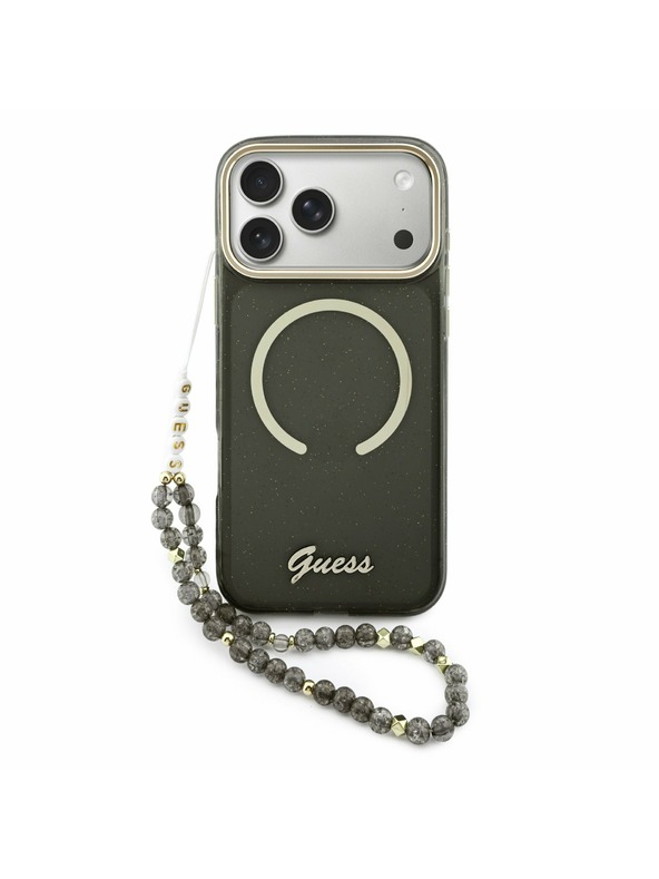 Guess Guess IML Glitter Script Strap MagSafe Zadný Kryt pre iPhone 17 Pro Max Black