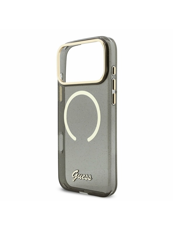 Guess Guess IML Glitter Script Strap MagSafe Zadný Kryt pre iPhone 17 Pro Max Black