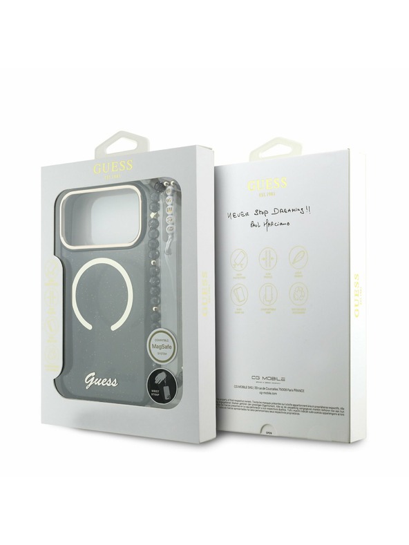 Guess Guess IML Glitter Script Strap MagSafe Zadný Kryt pre iPhone 17 Pro Max Black