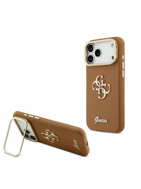 Guess Guess PU Grained 4G Logo Stand Camera Frame Zadný Kryt pre iPhone 17 Pro Max Brown