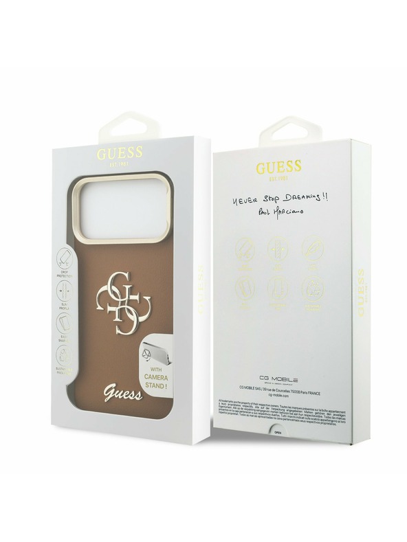 Guess Guess PU Grained 4G Logo Stand Camera Frame Zadný Kryt pre iPhone 17 Pro Max Brown