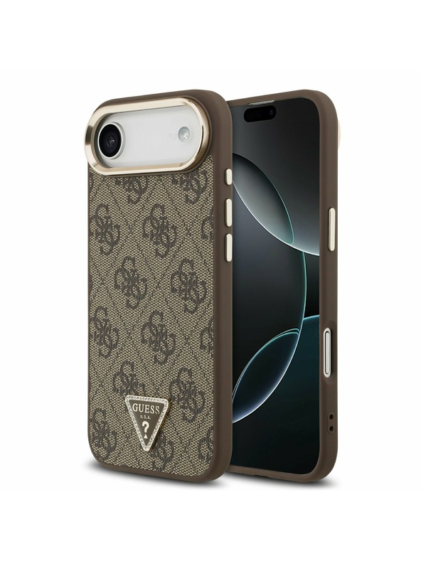 Guess Guess PU Leather 4G Strass Triangle Logo Gold Frame MagSafe Zadný Kryt pre iPhone Air Brown