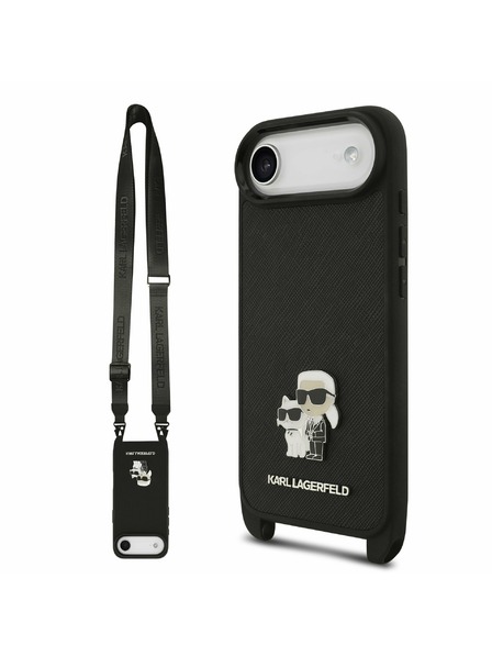 Karl Lagerfeld Karl Lagerfeld Saffiano Crossbody Popruh Metal Karl and Choupette Zadný Kryt pre iPhone Air Black