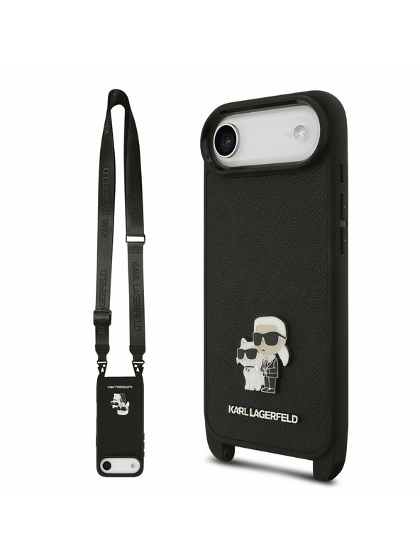 Karl Lagerfeld Karl Lagerfeld Saffiano Crossbody Popruh Metal Karl and Choupette Zadný Kryt pre iPhone Air Black
