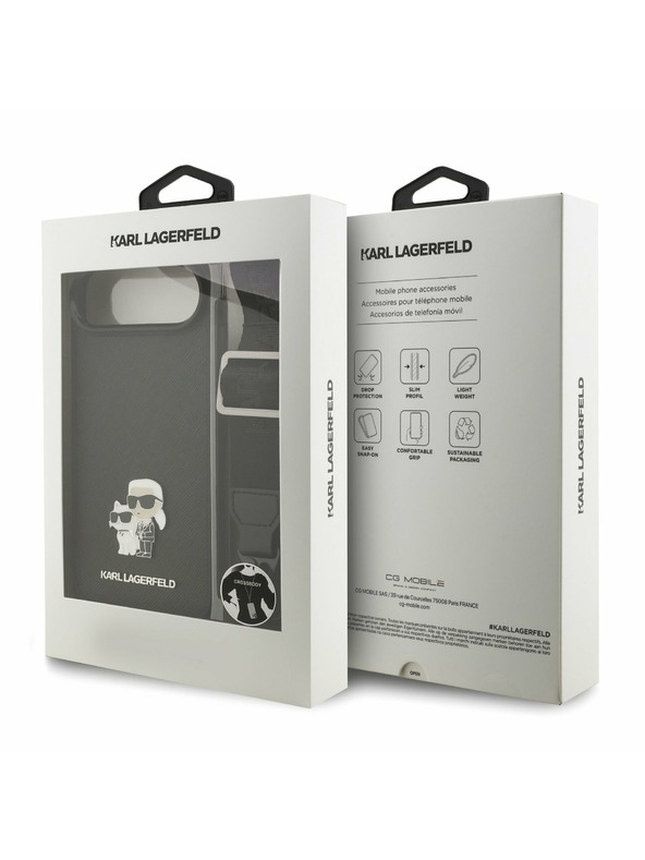 Karl Lagerfeld Karl Lagerfeld Saffiano Crossbody Popruh Metal Karl and Choupette Zadný Kryt pre iPhone Air Black