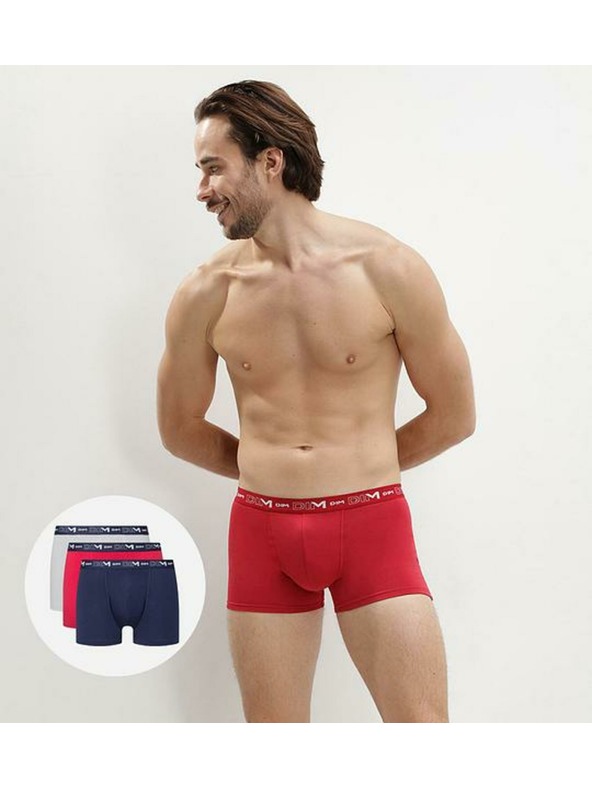 DIM Sada troch pánskych boxeriek v tmavomodrej, červenej a svetlosivej farbe Dim COTTON STRETCH BOXER