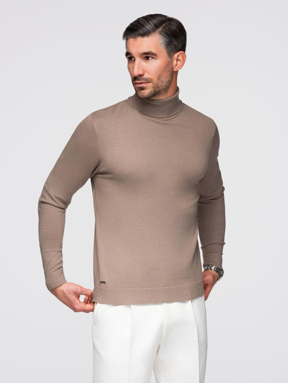 Ombre Clothing Pánsky pletený rolák s viskózou - tmavobéžový V3 OM-SWTN-0127 Ombre Clothing