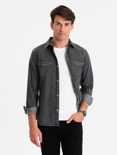 Ombre Clothing Čierna pánska džínsová košeľa Ombre Oblečenie