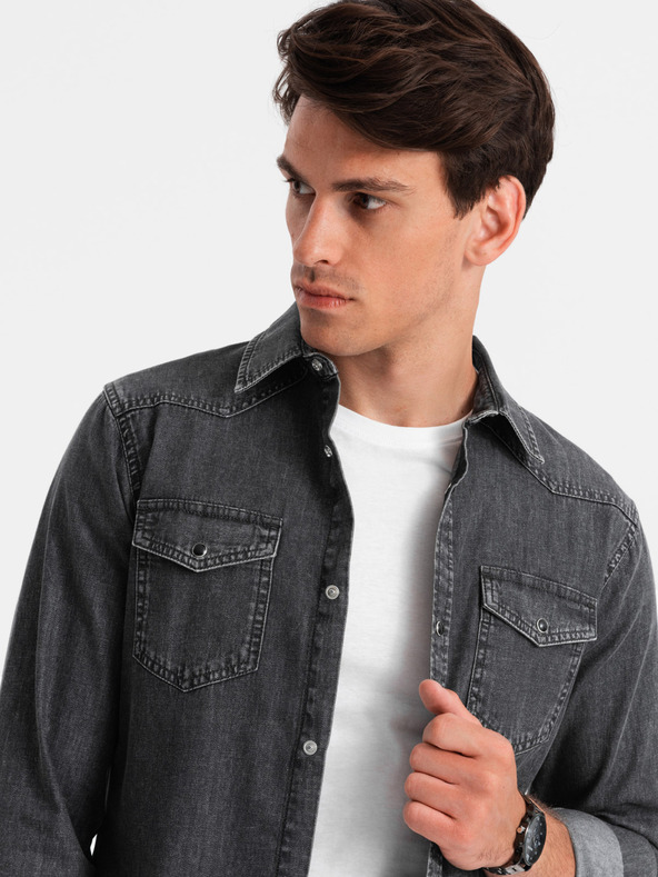 Ombre Clothing Čierna pánska džínsová košeľa Ombre Oblečenie