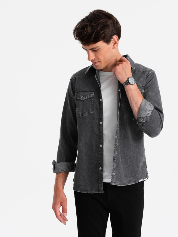 Ombre Clothing Čierna pánska džínsová košeľa Ombre Oblečenie